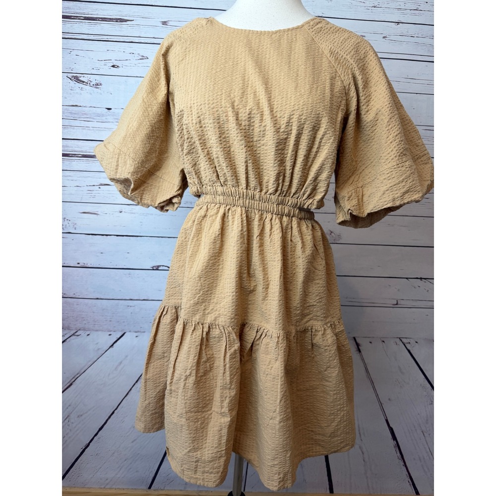 Madewell Seersucker Mini Dress Medium NWT Tan Puff Sleeve Cut Out NF870‎